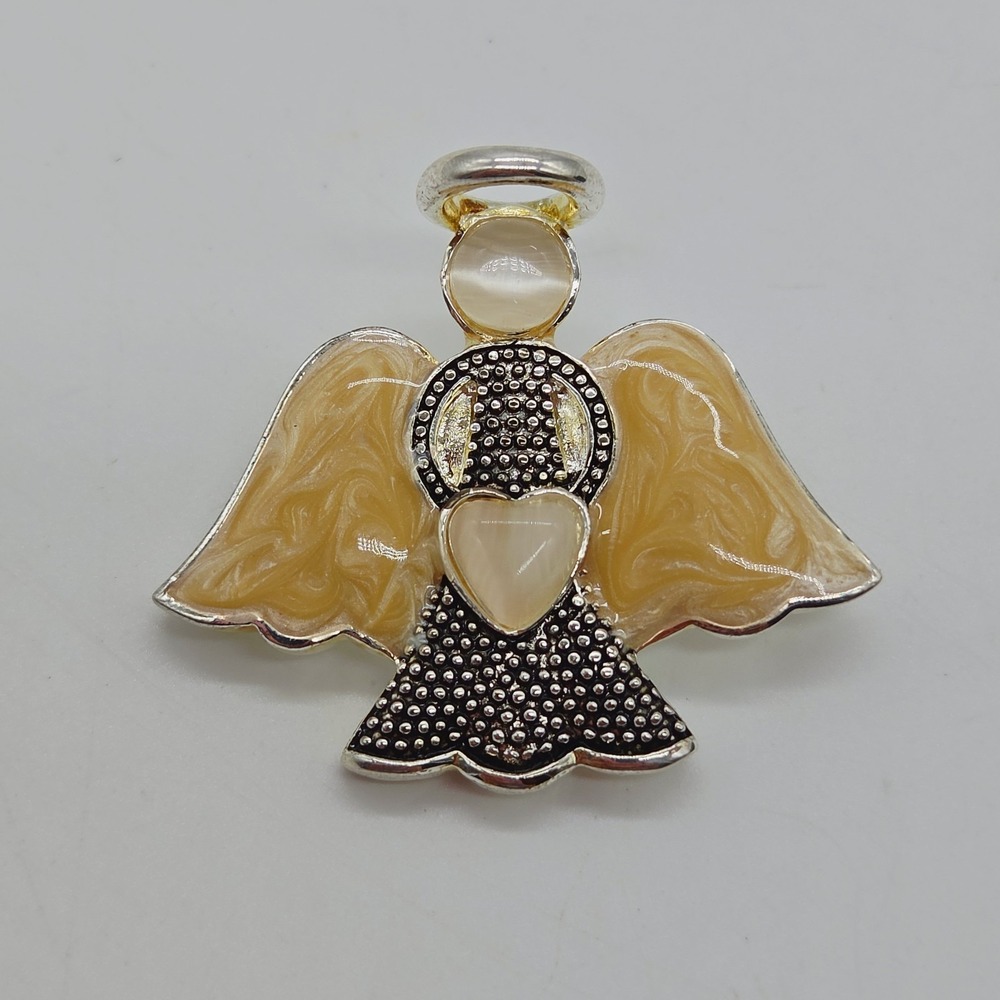 Angel Holding A Heart Brooch Pin Silver Tone Faux Mother Of Pearl Wings